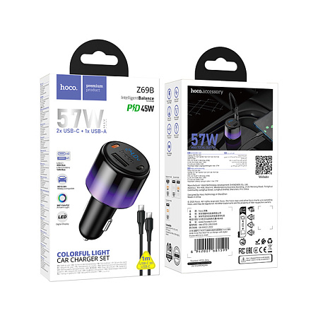 Автомобильное зарядное устройство, 1 USB 5V/2.4A + 2 PD 45W (Z69B), HOCO, кабель Type-C to Type-C, с дисплеем, черный