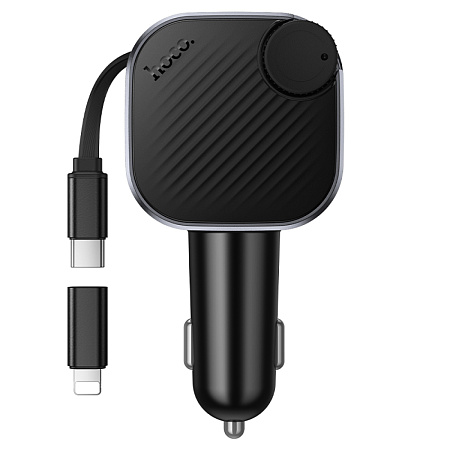 Bluetooth FM модулятор, E167 Hero, HOCO, 1 PD 30W+1 USB QC3.0, с выдвижным кабелем, черный
