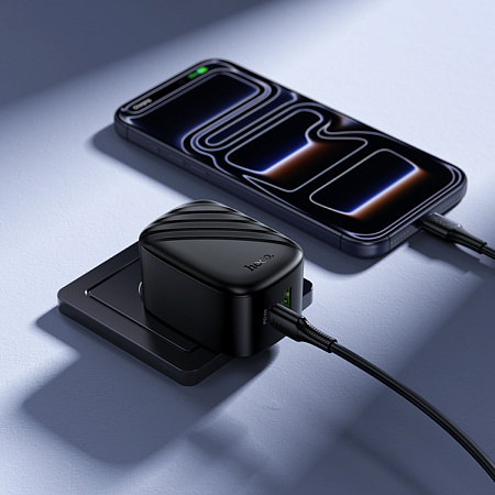 Сетевое зарядное устройство, 1 PD 30W + 1 USB 3.0 QC (CS102A), HOCO, Type-C to Type-C, складное, черный