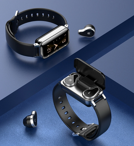 Беспроводные наушники T89 черные вакуумные с чехлом - фитнес браслетом