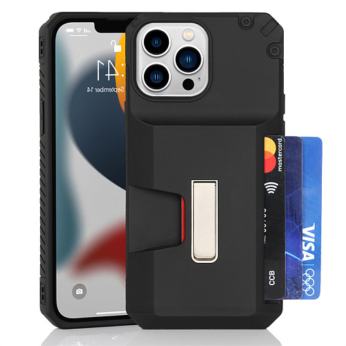 Чехол силиконовый для iPhone 14 Pro Max (6.7), с карманом для карты, противоударный с подставкой, DU DU, черный