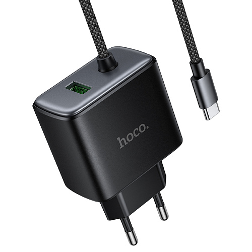 Сетевое зарядное устройство, 1 Type-C 25W + 1 USB 3.0 QC (C164A), HOCO, встроенный кабель Type-C, черный