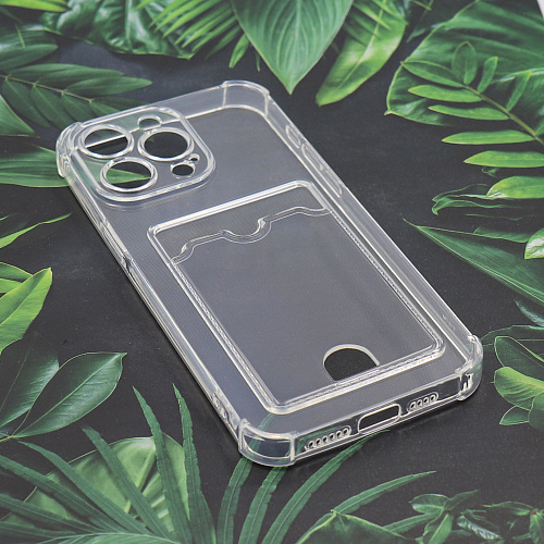 Чехол силиконовый для iPhone 15 Pro Max (6.7), с карманом для карты, с защитой камеры, X-CASE, прозрачный