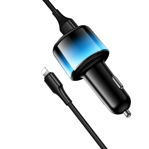 Автомобильное зарядное устройство, 2 USB 5V/2.4A + 2 PD 5V/2.4A (Z69), HOCO, usb cable lightning, с подсветкой, черный