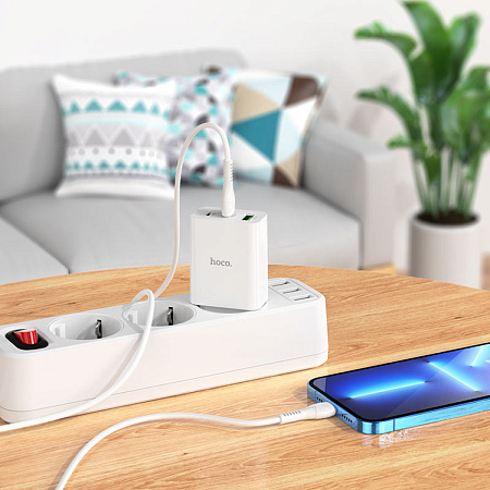 Сетевое зарядное устройство, 2 PD 20W/18W + 1 USB 3.0 QC (C99A), HOCO, Type-C to Lightning, белая