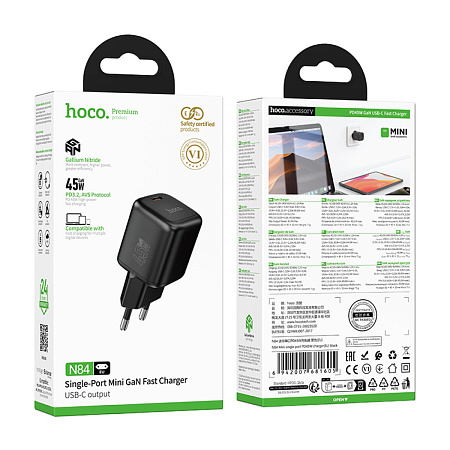 Сетевое зарядное устройство, 1 PD 45W (N84), HOCO, компактный, черный