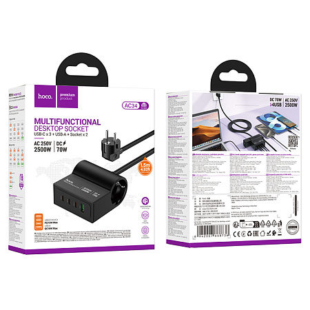 Сетевой фильтр на 1 розетка+3 PD (70Вт)+1 USB, 1.5м, AC34, HOCO, черный